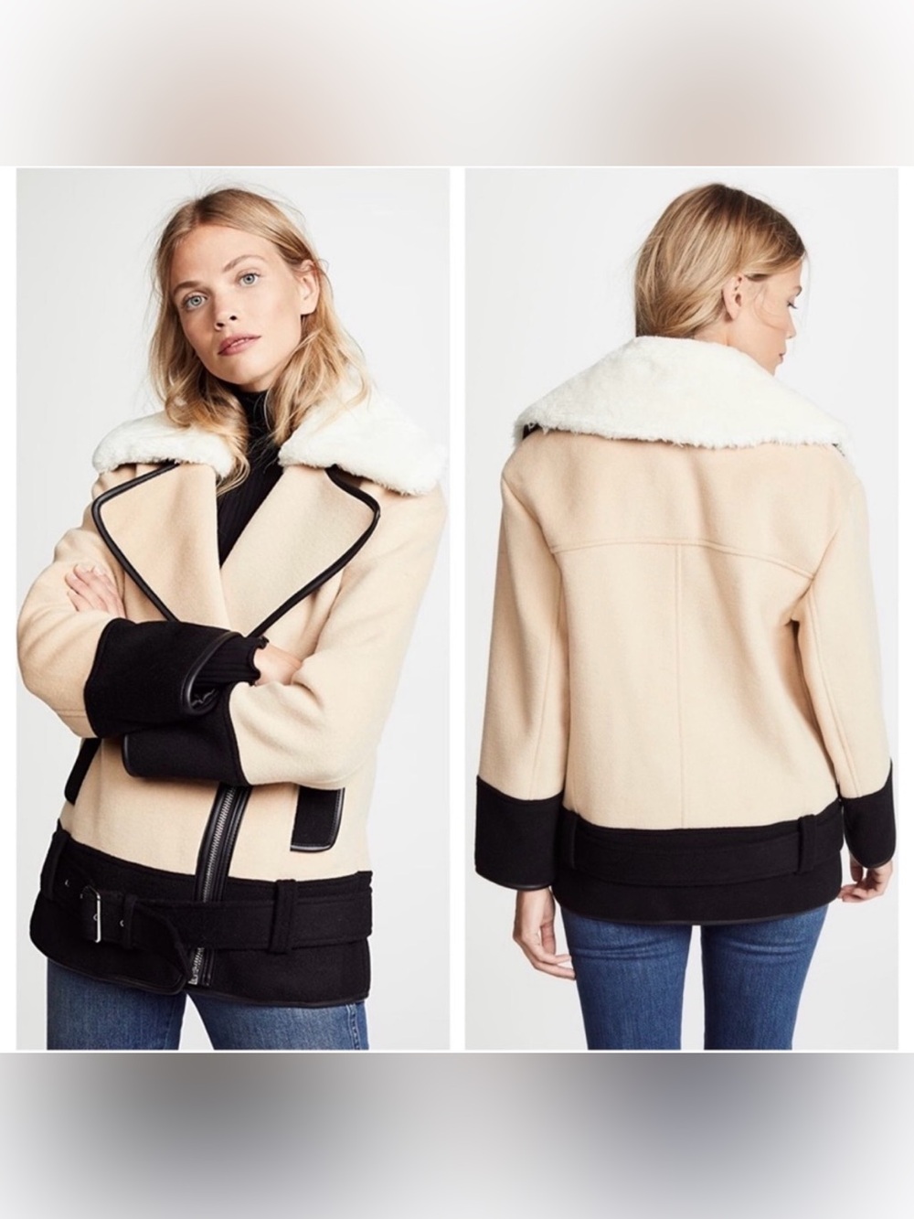 NWT CLUB MONACO KHAKI MIX WOOL BLEND FAUX FUR COLLAR BELTED COAT SIZE XS